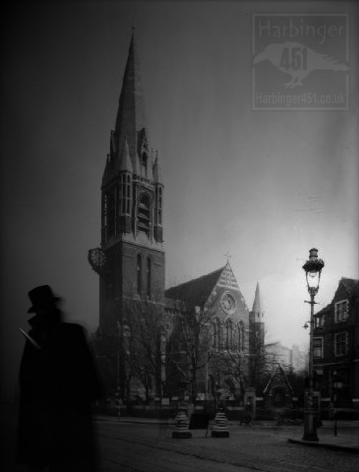 Jack the Ripper in front of St Mary's Church, Whitechapel